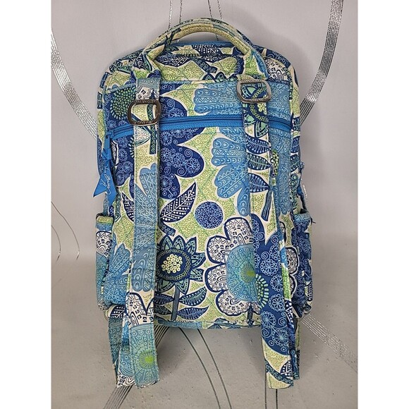 Vera Bradley Doodle Daisy Backpack Blue Green Floral Quilted School Travel Bag - Picture 4 of 13